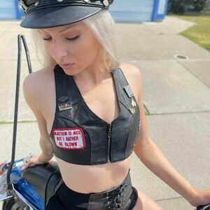 Vintage Black Leather Harley Patched Zip Vest Top Fringe Flame Thong Bottom Set